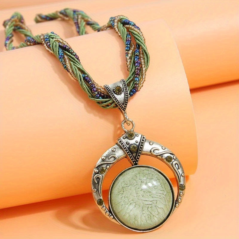 Elegant Bohemian Hand-Woven Bead Necklace with Round Green Synthetic Gemstone Pendant - Women’s Alloy Fashion Accessory, Golden-Tone Metalwork & Multi-Colored Beads, Perfect for Casual Wear and Gifting, Casual Jewelry | Colorful Fashion | Intricate Metalw - Image 3