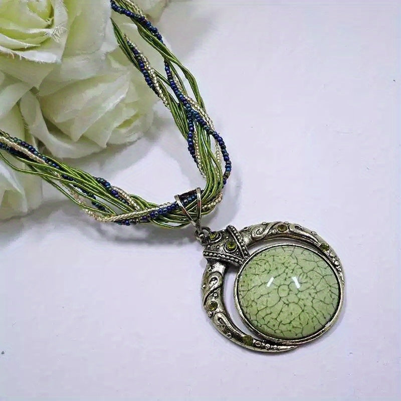 Elegant Bohemian Hand-Woven Bead Necklace with Round Green Synthetic Gemstone Pendant - Women’s Alloy Fashion Accessory, Golden-Tone Metalwork & Multi-Colored Beads, Perfect for Casual Wear and Gifting, Casual Jewelry | Colorful Fashion | Intricate Metalw - Image 2